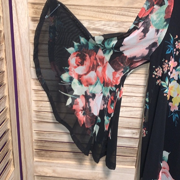 MTS Floral Flare Sleeves Lined Blouse Size Med Retro Boho Red Green Pink Black - Picture 4 of 8